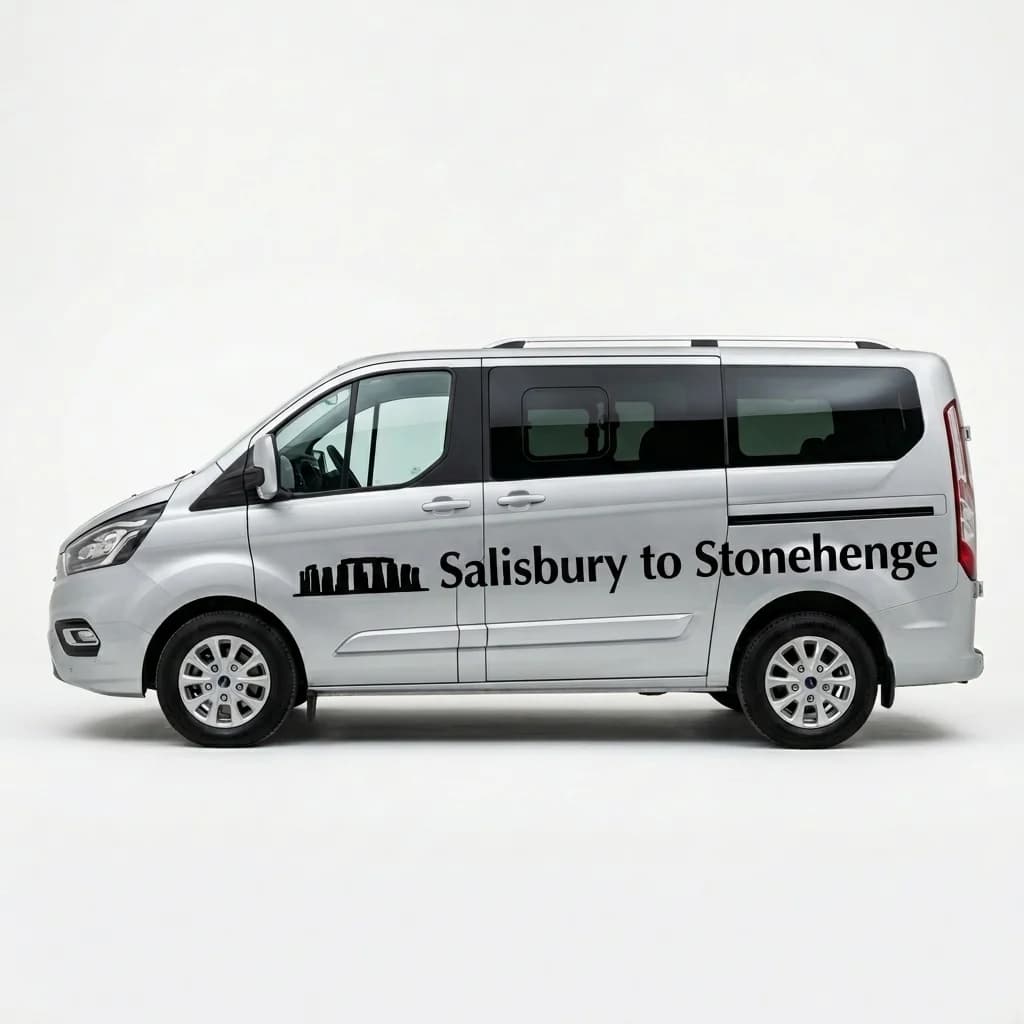 Salisbury to Stonehenge shuttle bus side view - silver minibus direct from Salisbury Station to Stonehenge